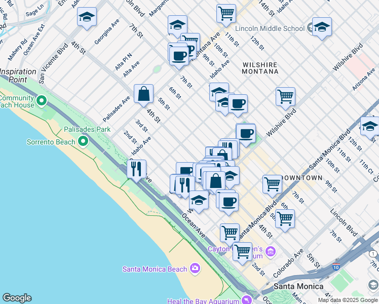 map of restaurants, bars, coffee shops, grocery stores, and more near 1002 4th Street in Santa Monica