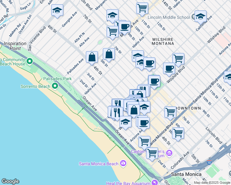 map of restaurants, bars, coffee shops, grocery stores, and more near 1002 4th Street in Santa Monica