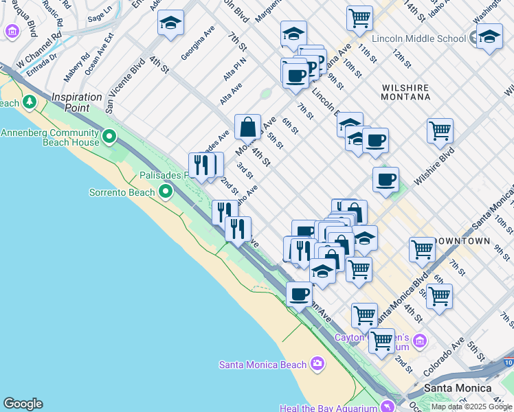 map of restaurants, bars, coffee shops, grocery stores, and more near 911 2nd Street in Santa Monica