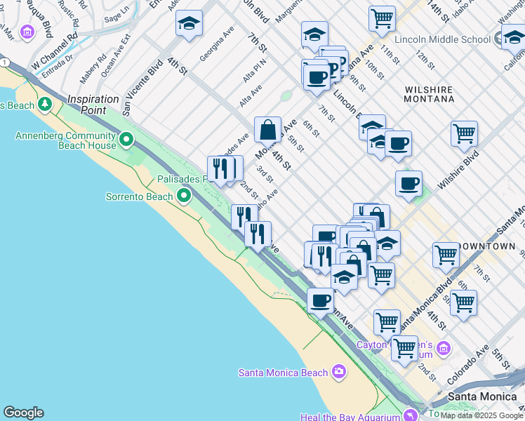 map of restaurants, bars, coffee shops, grocery stores, and more near 911 2nd Street in Santa Monica