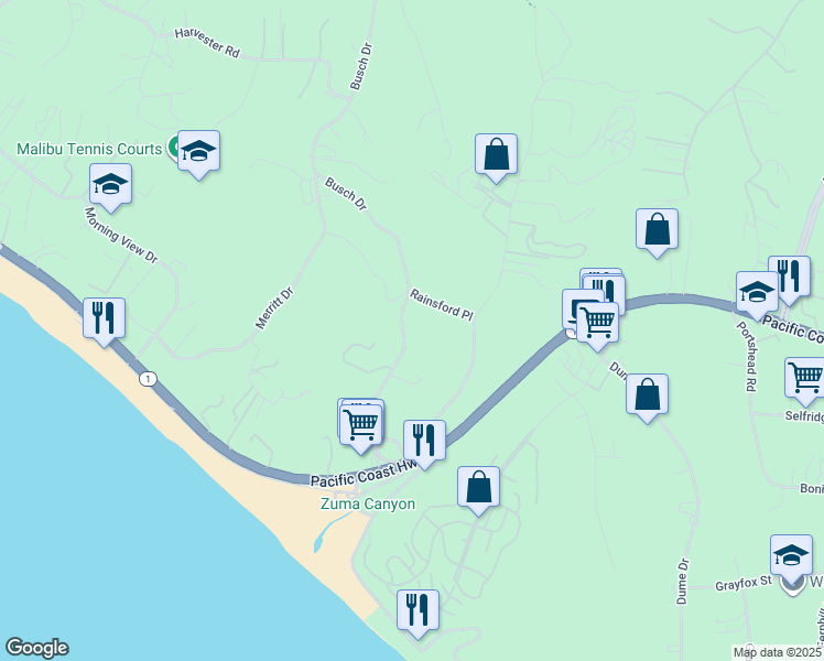 map of restaurants, bars, coffee shops, grocery stores, and more near 29530 Rainsford Place in Malibu