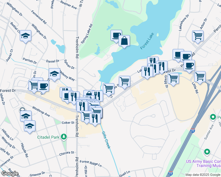 map of restaurants, bars, coffee shops, grocery stores, and more near 5035 Lakeshore Drive in Columbia