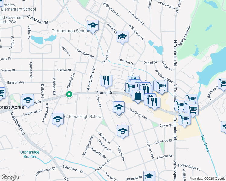 map of restaurants, bars, coffee shops, grocery stores, and more near 113 Carlyle Circle in Columbia