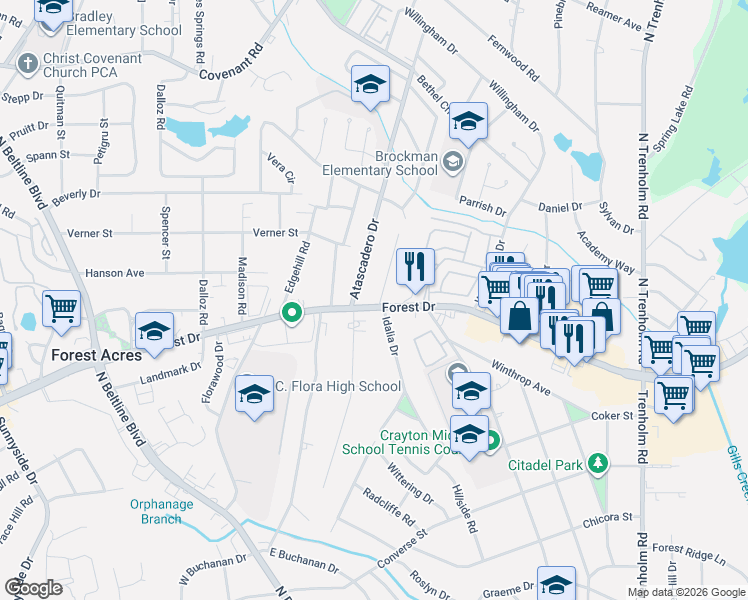 map of restaurants, bars, coffee shops, grocery stores, and more near 1612 Rutland Court in Columbia
