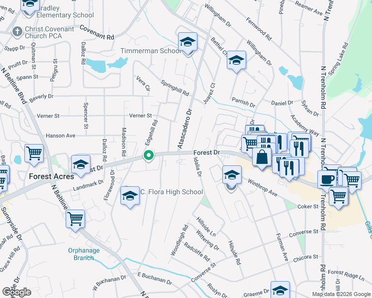 map of restaurants, bars, coffee shops, grocery stores, and more near 1612 Rutland Court in Columbia