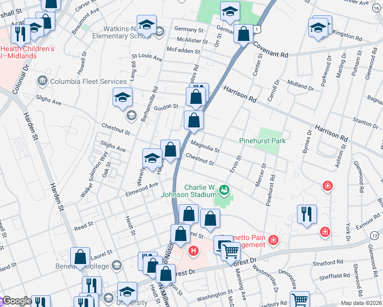 map of restaurants, bars, coffee shops, grocery stores, and more near 2210 Two Notch Road in Columbia