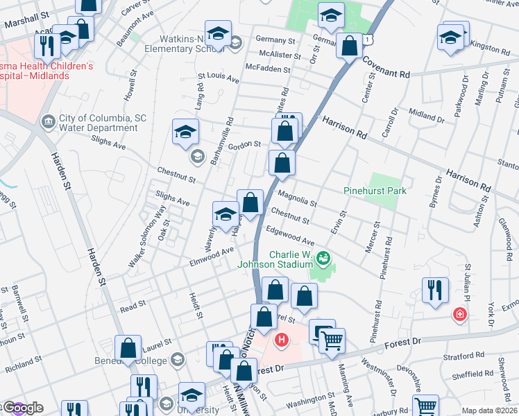 map of restaurants, bars, coffee shops, grocery stores, and more near 2410 Chestnut Street in Columbia