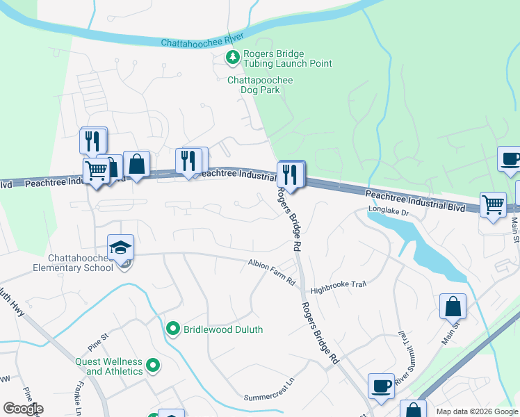 map of restaurants, bars, coffee shops, grocery stores, and more near 4200 Glen Vista Court in Duluth