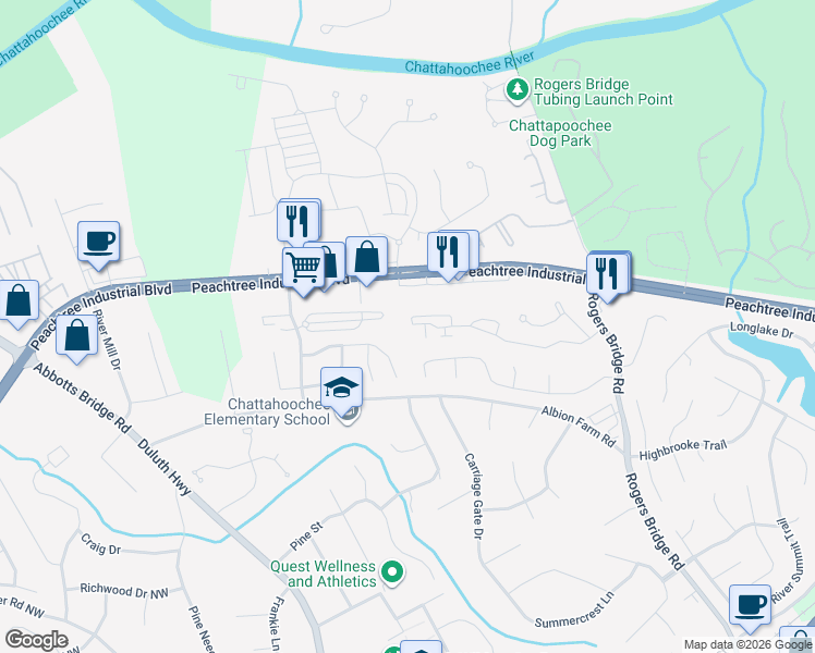 map of restaurants, bars, coffee shops, grocery stores, and more near 4050 Olde Towne Parkway in Duluth