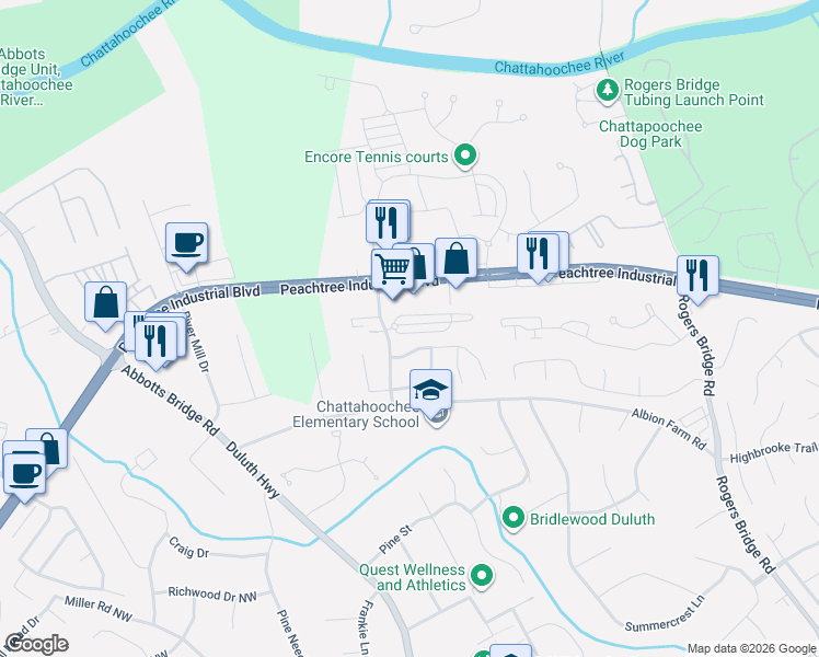 map of restaurants, bars, coffee shops, grocery stores, and more near 2797 Albion Farm Way in Duluth