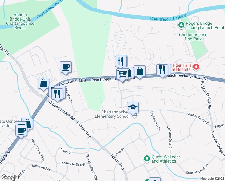 map of restaurants, bars, coffee shops, grocery stores, and more near 4124 Chattahoochee Trace in Duluth