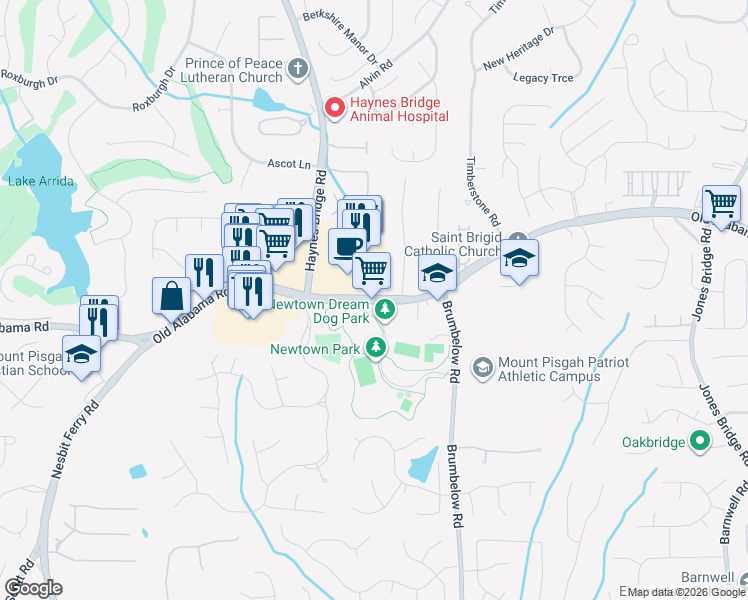 map of restaurants, bars, coffee shops, grocery stores, and more near 3165 Old Alabama Road in Alpharetta