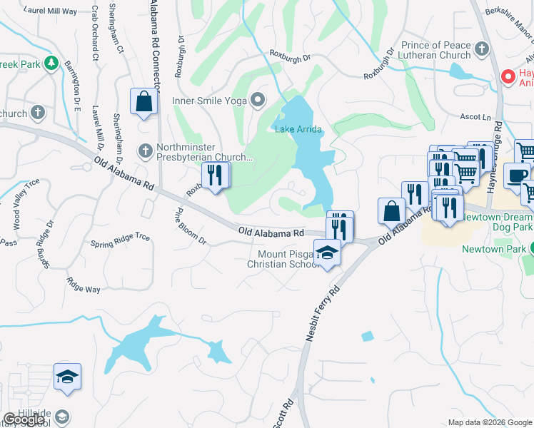 map of restaurants, bars, coffee shops, grocery stores, and more near 2595 Club Springs Drive in Roswell