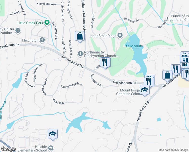 map of restaurants, bars, coffee shops, grocery stores, and more near 1005 Pine Bloom Drive in Roswell