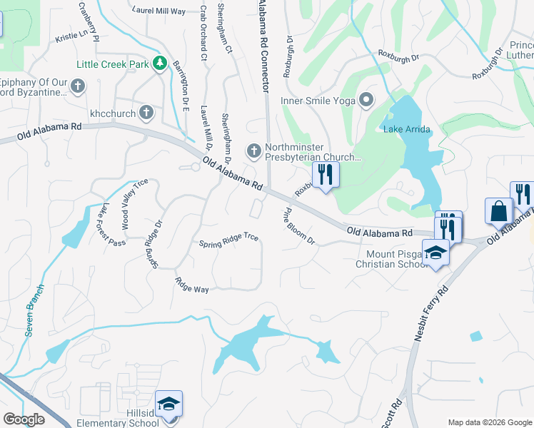 map of restaurants, bars, coffee shops, grocery stores, and more near 1300 Atherton Park in Roswell
