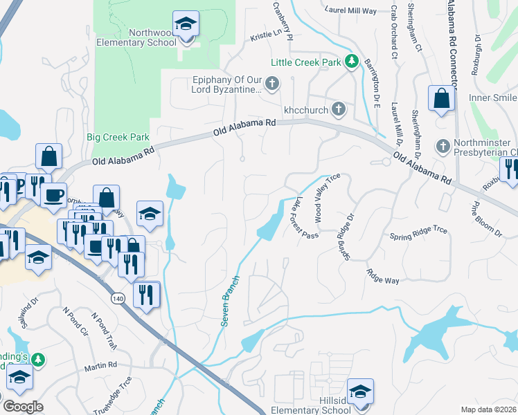 map of restaurants, bars, coffee shops, grocery stores, and more near 805 Lake Forest Circle in Roswell