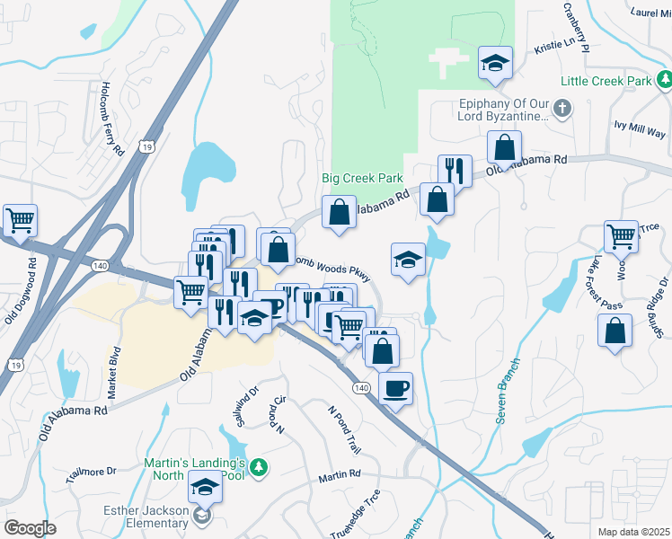 map of restaurants, bars, coffee shops, grocery stores, and more near 1608-1816 Holcomb Woods Pkwy in Roswell