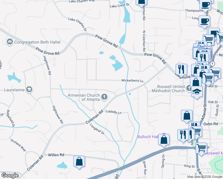 map of restaurants, bars, coffee shops, grocery stores, and more near 115 Farm Track in Roswell