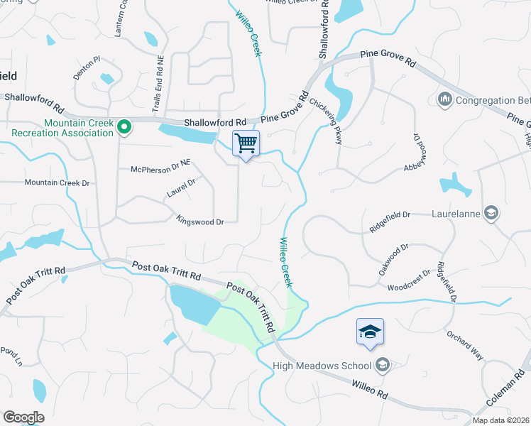 map of restaurants, bars, coffee shops, grocery stores, and more near 2868 Tynewick Drive in Roswell