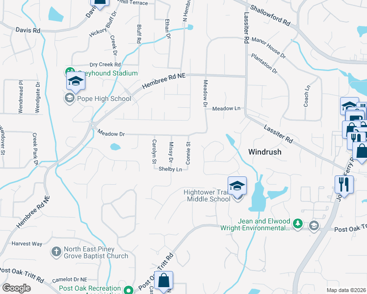 map of restaurants, bars, coffee shops, grocery stores, and more near 2951 Connie Street in Marietta