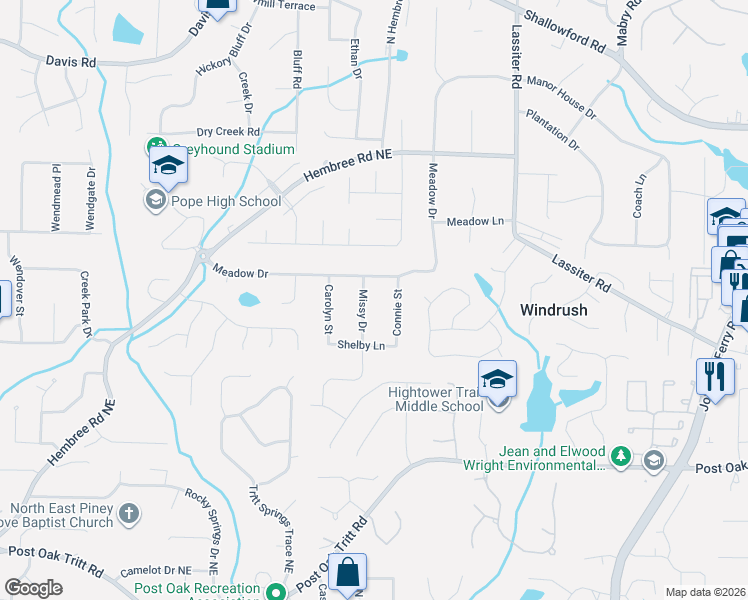 map of restaurants, bars, coffee shops, grocery stores, and more near 2961 Connie Street in Marietta