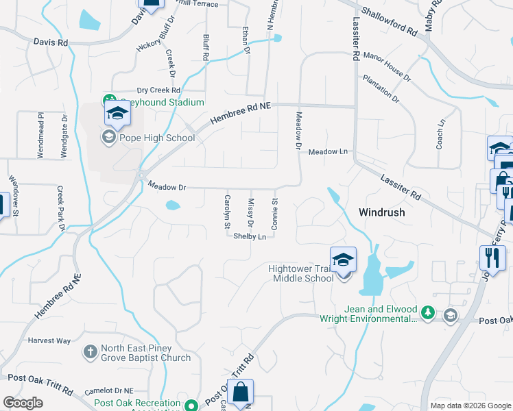 map of restaurants, bars, coffee shops, grocery stores, and more near 2967 Missy Drive in Marietta
