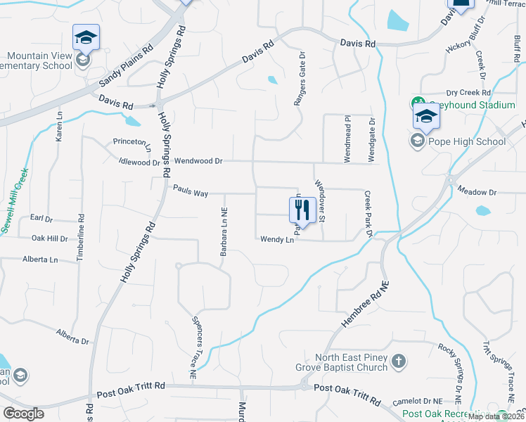 map of restaurants, bars, coffee shops, grocery stores, and more near 3051 Wendton Place in Marietta