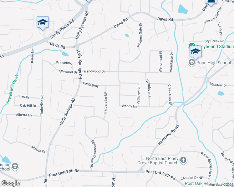 map of restaurants, bars, coffee shops, grocery stores, and more near 2990 Pauls Way in Marietta