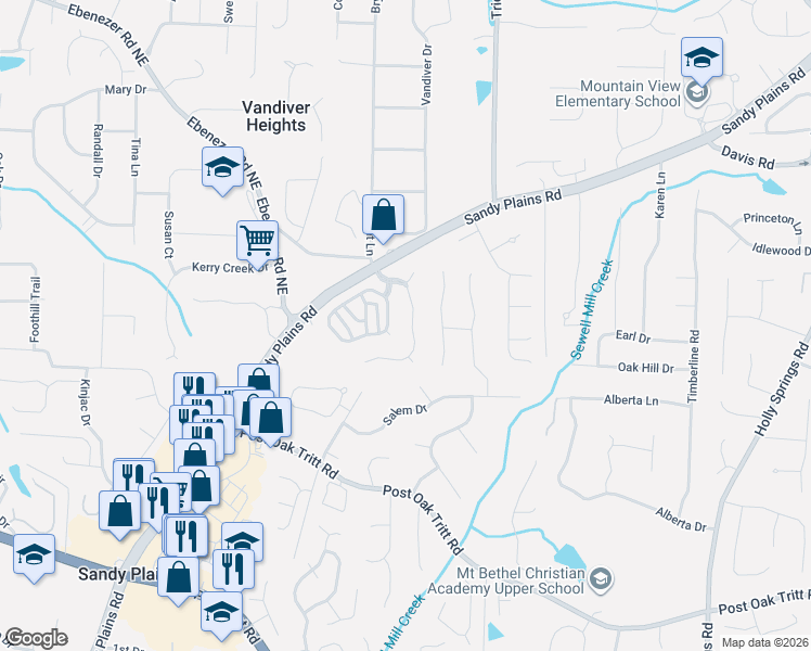 map of restaurants, bars, coffee shops, grocery stores, and more near 2733 Harper Woods Drive in Marietta
