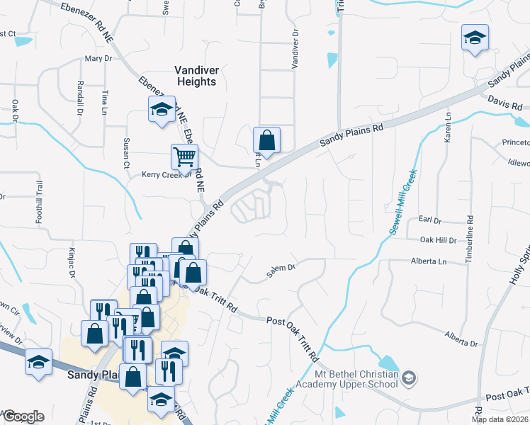 map of restaurants, bars, coffee shops, grocery stores, and more near 2904 Crimson Rose Lane in Marietta