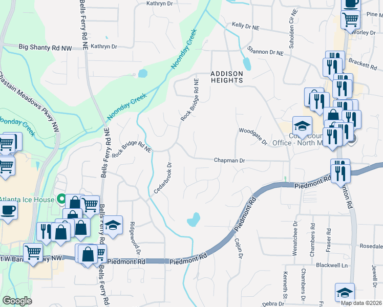 map of restaurants, bars, coffee shops, grocery stores, and more near 329 Chapman Drive in Marietta
