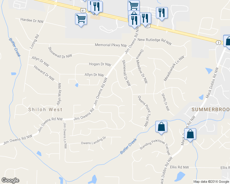 map of restaurants, bars, coffee shops, grocery stores, and more near 3399 Hogan Drive Northwest in Kennesaw