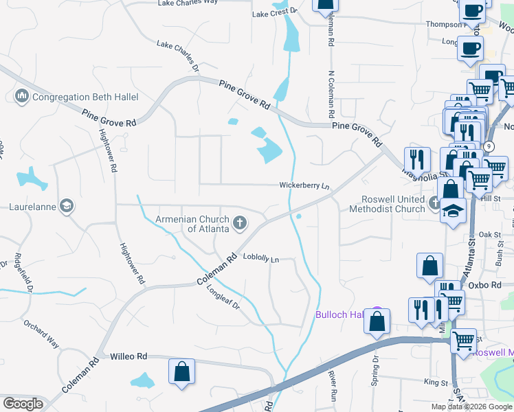 map of restaurants, bars, coffee shops, grocery stores, and more near 115 Farm Track in Roswell