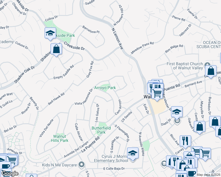 map of restaurants, bars, coffee shops, grocery stores, and more near 19883 Camino Arroyo in Walnut
