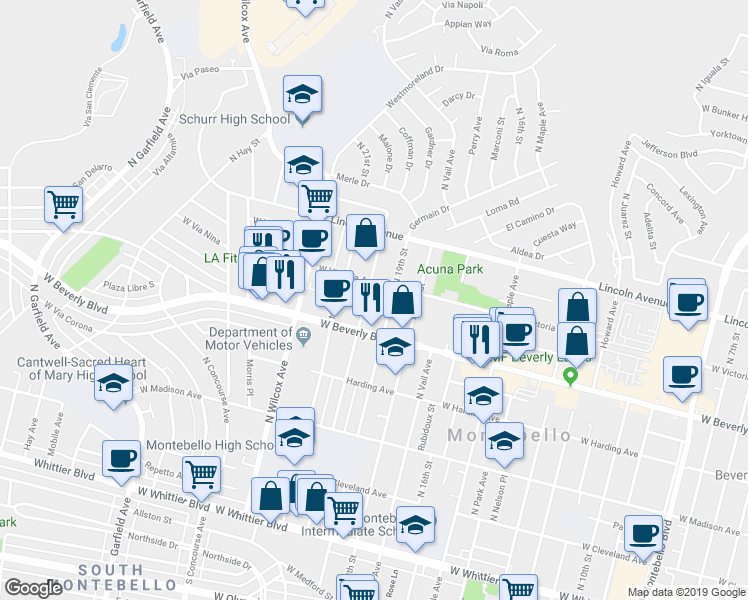 map of restaurants, bars, coffee shops, grocery stores, and more near 538 North 20th Street in Montebello