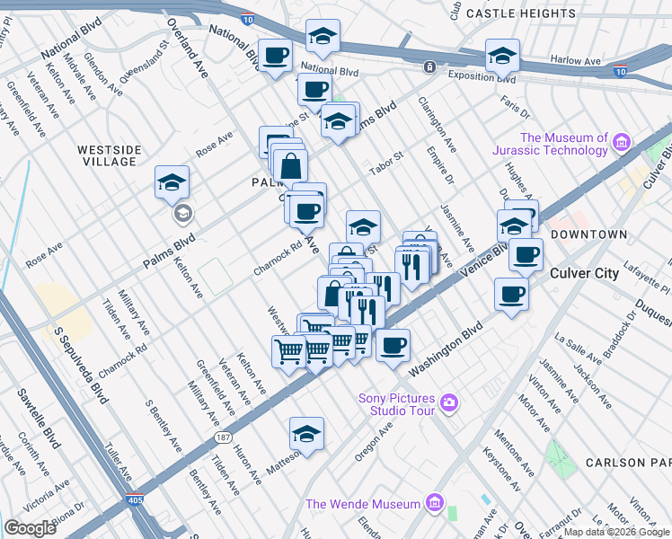map of restaurants, bars, coffee shops, grocery stores, and more near 10617 Regent Street in Los Angeles