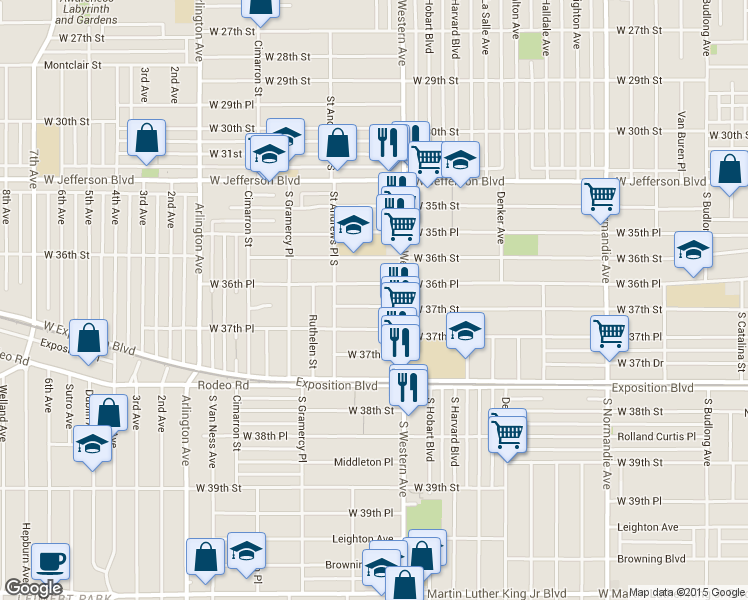 map of restaurants, bars, coffee shops, grocery stores, and more near 1737 West 37th Street in Los Angeles