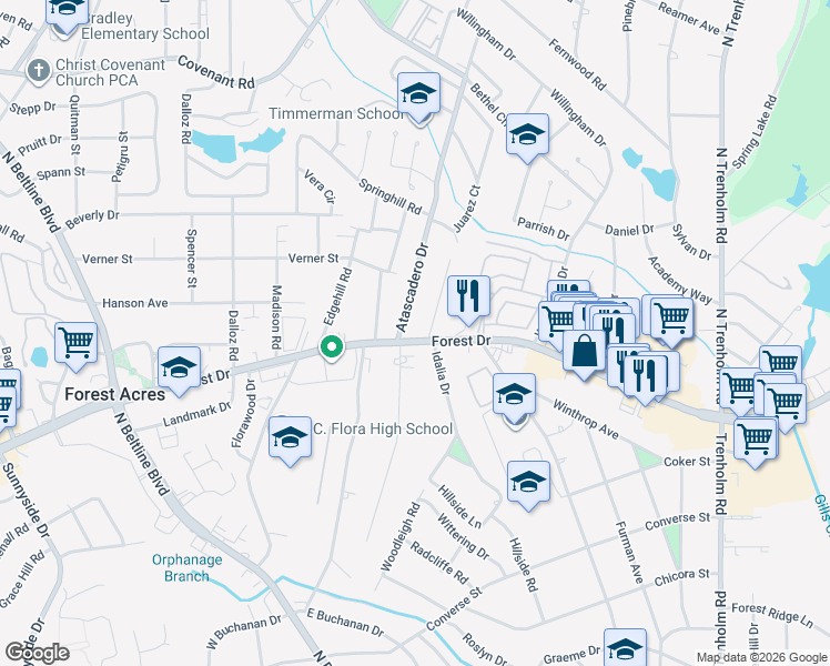 map of restaurants, bars, coffee shops, grocery stores, and more near 1612 Rutland Court in Columbia