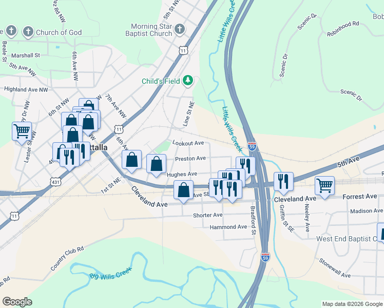 map of restaurants, bars, coffee shops, grocery stores, and more near 401 Lookout Avenue in Attalla