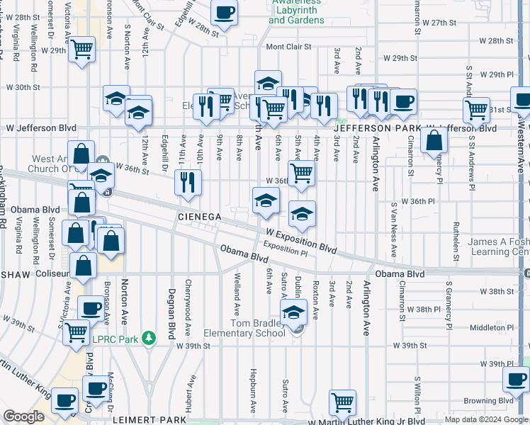 map of restaurants, bars, coffee shops, grocery stores, and more near 3654 7th Avenue in Los Angeles