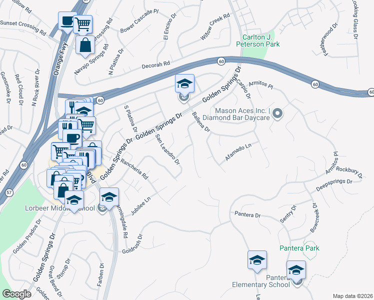 map of restaurants, bars, coffee shops, grocery stores, and more near 23860 Enriquez Drive in Diamond Bar