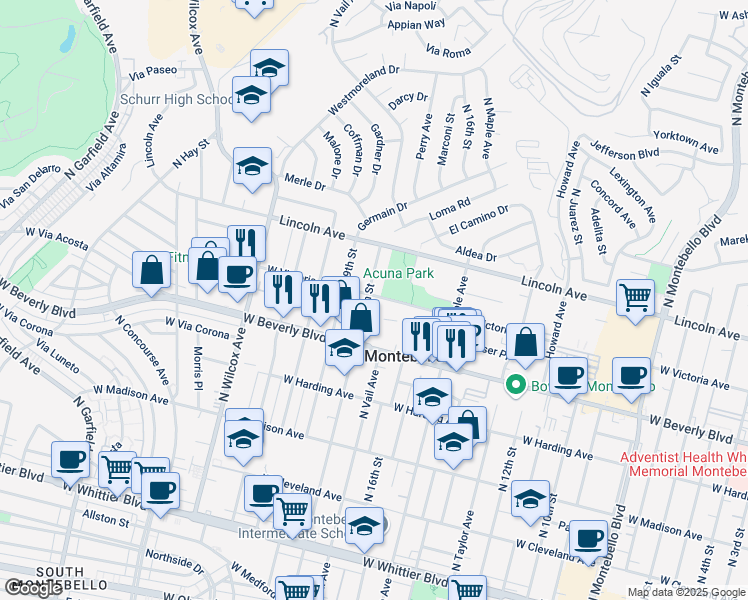 map of restaurants, bars, coffee shops, grocery stores, and more near 540 North 18th Street in Montebello