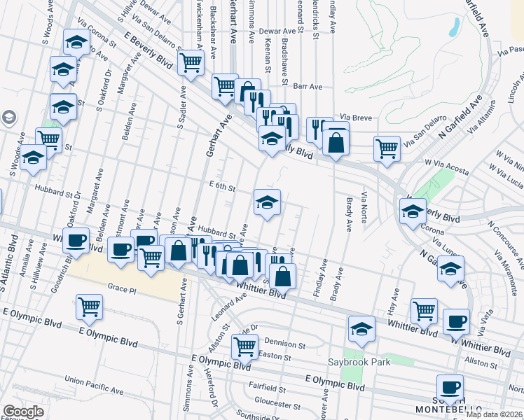 map of restaurants, bars, coffee shops, grocery stores, and more near 623 Leonard Avenue in East Los Angeles