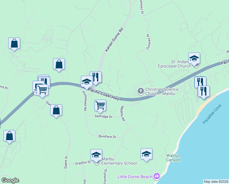 map of restaurants, bars, coffee shops, grocery stores, and more near 28815 Pacific Coast Highway in Malibu