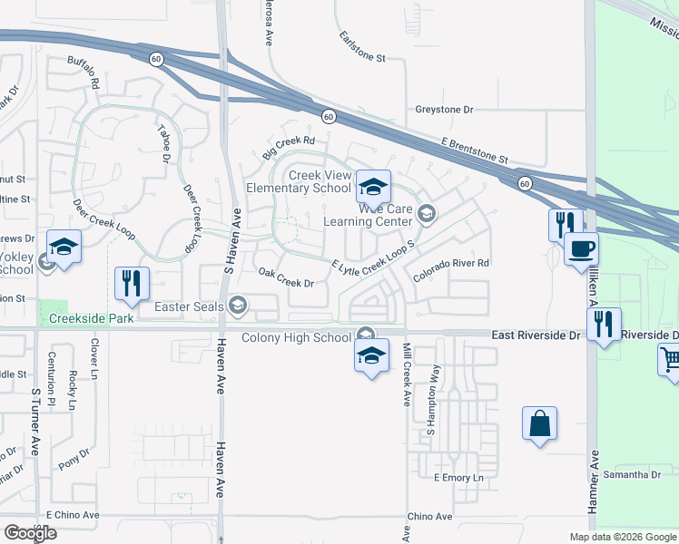 map of restaurants, bars, coffee shops, grocery stores, and more near 3732 Oak Creek Drive in Ontario