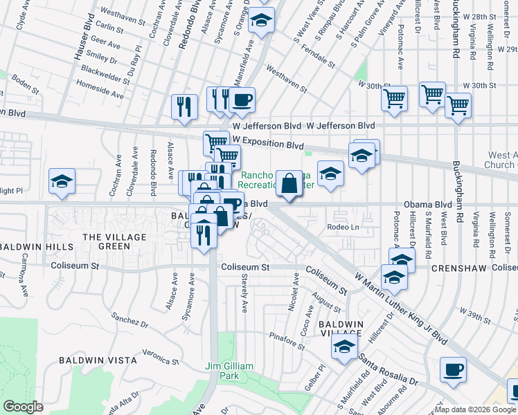 map of restaurants, bars, coffee shops, grocery stores, and more near 5010 Obama Boulevard in Los Angeles