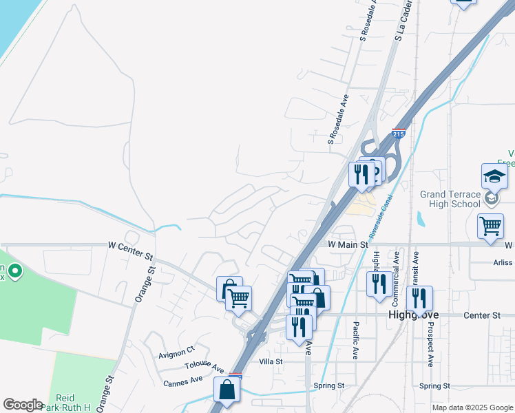 map of restaurants, bars, coffee shops, grocery stores, and more near 2851 South La Cadena Drive in Colton