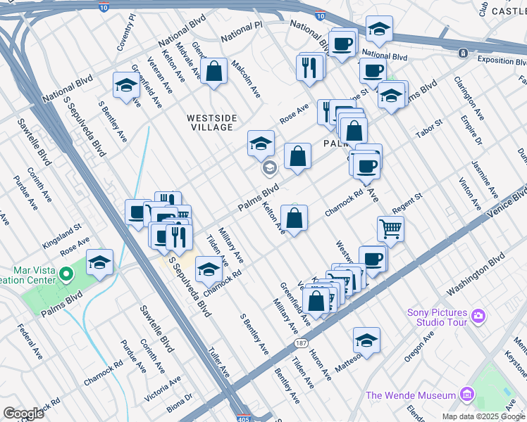 map of restaurants, bars, coffee shops, grocery stores, and more near 3521 Kelton Avenue in Los Angeles