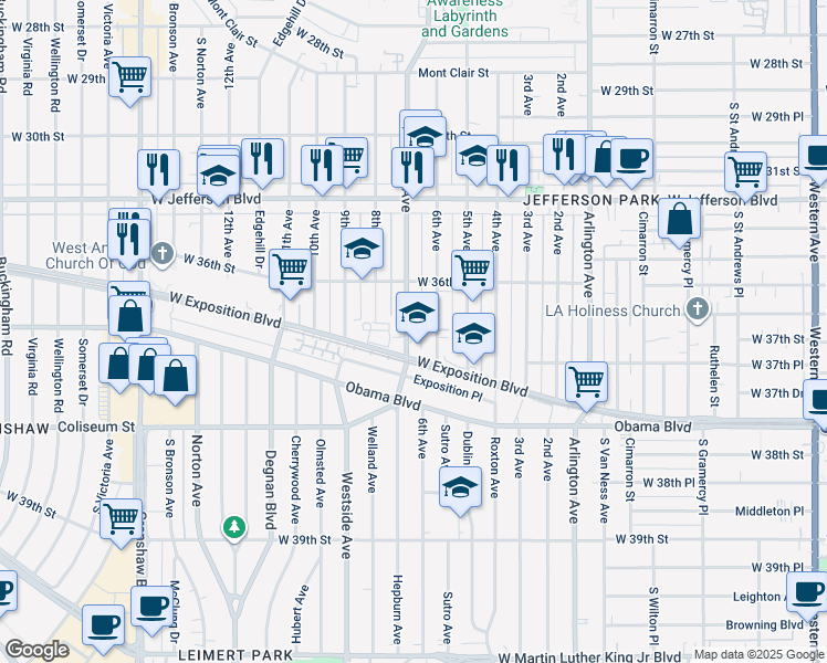 map of restaurants, bars, coffee shops, grocery stores, and more near 3654 7th Avenue in Los Angeles