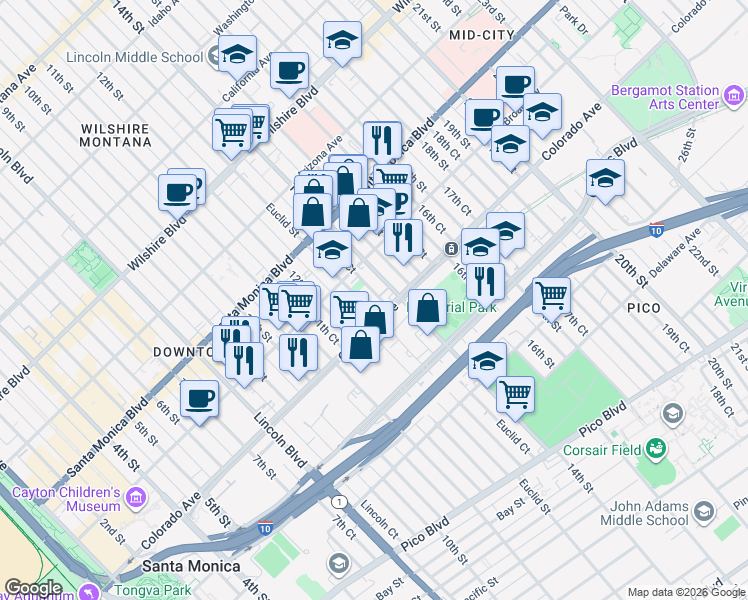 map of restaurants, bars, coffee shops, grocery stores, and more near 1543 Euclid Street in Santa Monica